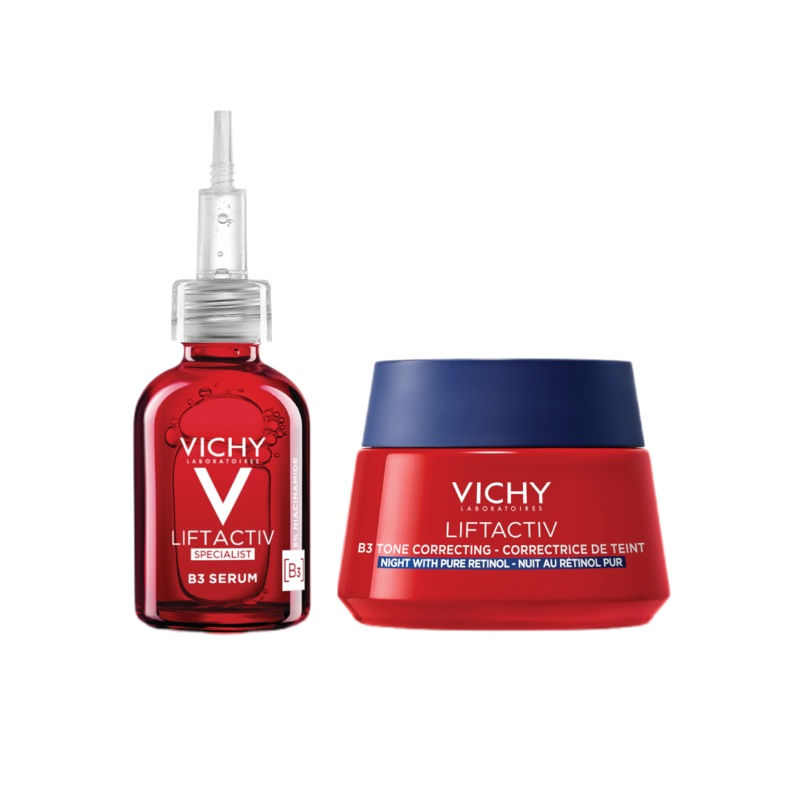 Vichy LiftActiv Night Routine Set for Hyperpigmentation: Serum & Moistuiser with Niacinamide and Retinol