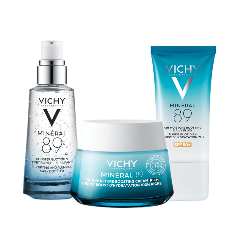 Vichy Minral 89 Hydration Hyaluronic Acid Routine Set: Serum, Moisturiser and SPF50+ for Dry Skin