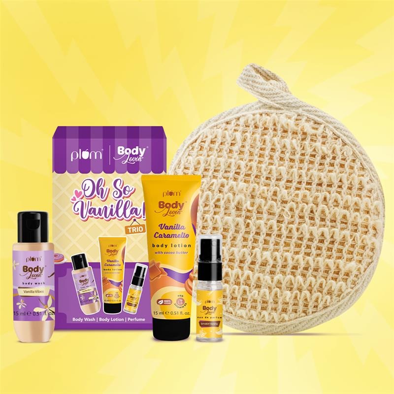 Plum BodyLovin’ Oh So Vanilla! Trio | Body Wash| Body Lotion | EDP | Mini Combo + Loofah
