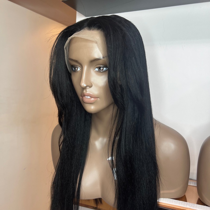Jet Black – 22 inch Kinky Straight 13×6 Frontal Lace Wig Face Frame Cut – (80 off)